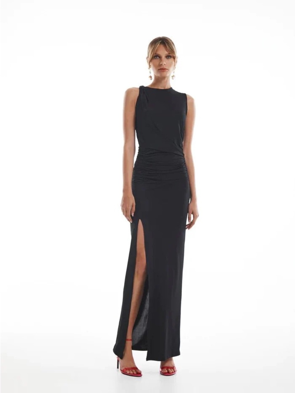 Krisa Sleek Black Sleeveless Maxi Dress with High Side Slit